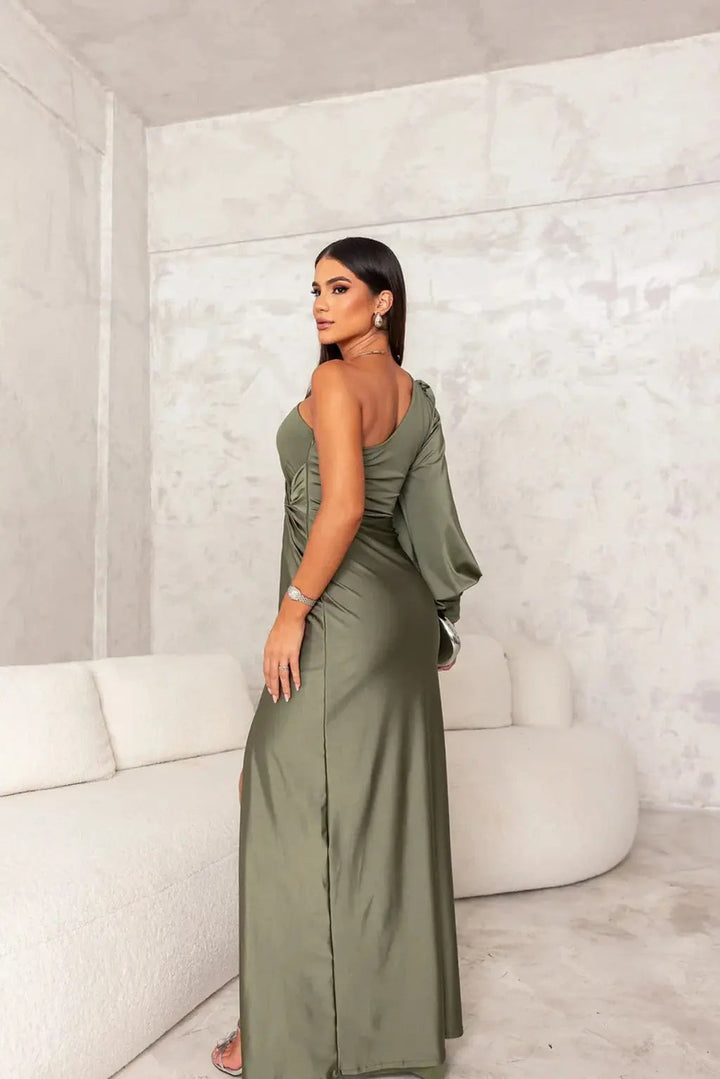 One-Shoulder Maxi Dress with Draped Sleeve and Front Slit