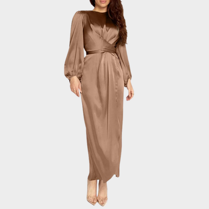 Long Sleeve Satin Maxi Dress with Boat Neck and Wrap Waist
