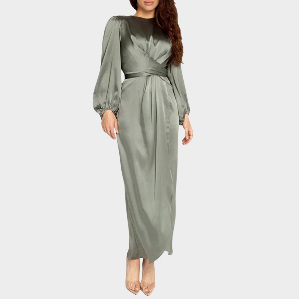 Long Sleeve Satin Maxi Dress with Boat Neck and Wrap Waist