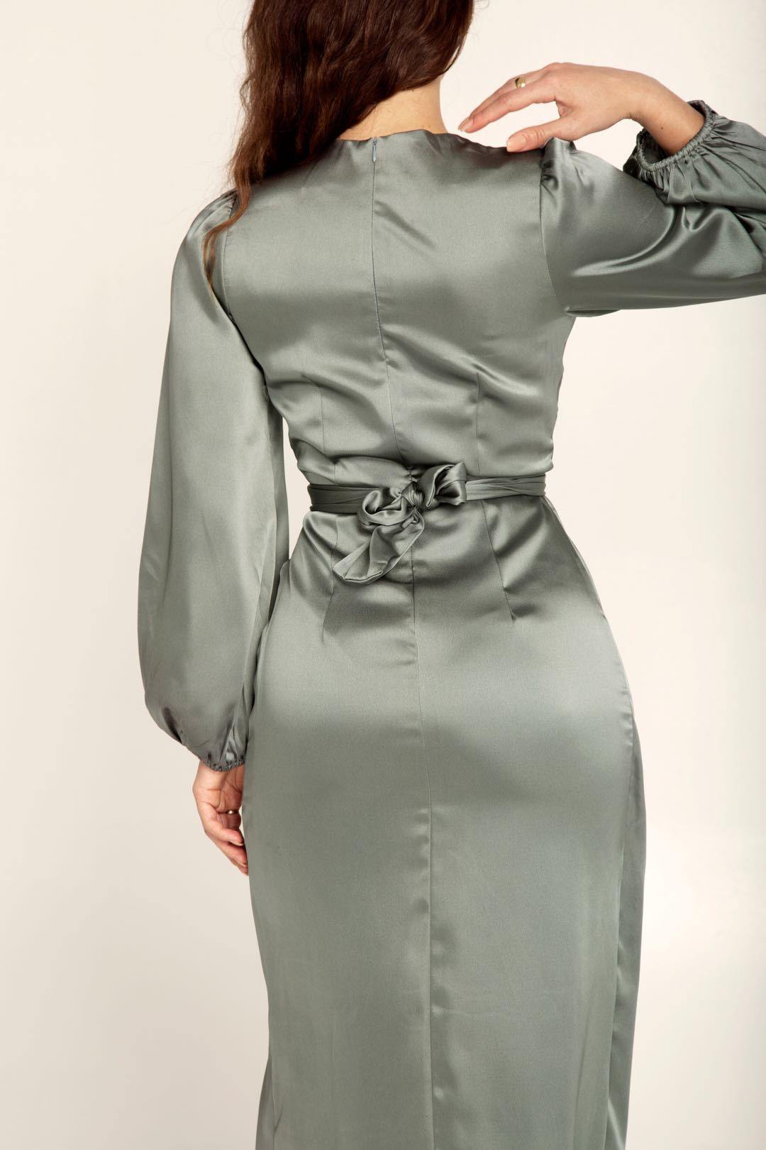 Long Sleeve Satin Maxi Dress with Boat Neck and Wrap Waist