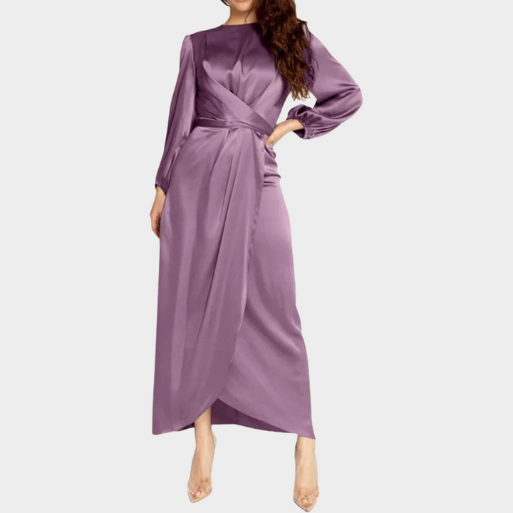 Long Sleeve Satin Maxi Dress with Boat Neck and Wrap Waist