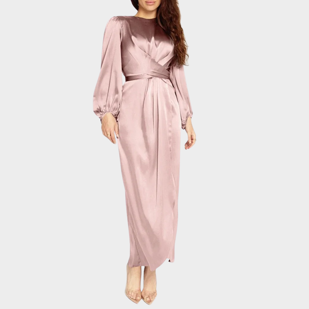 Long Sleeve Satin Maxi Dress with Boat Neck and Wrap Waist