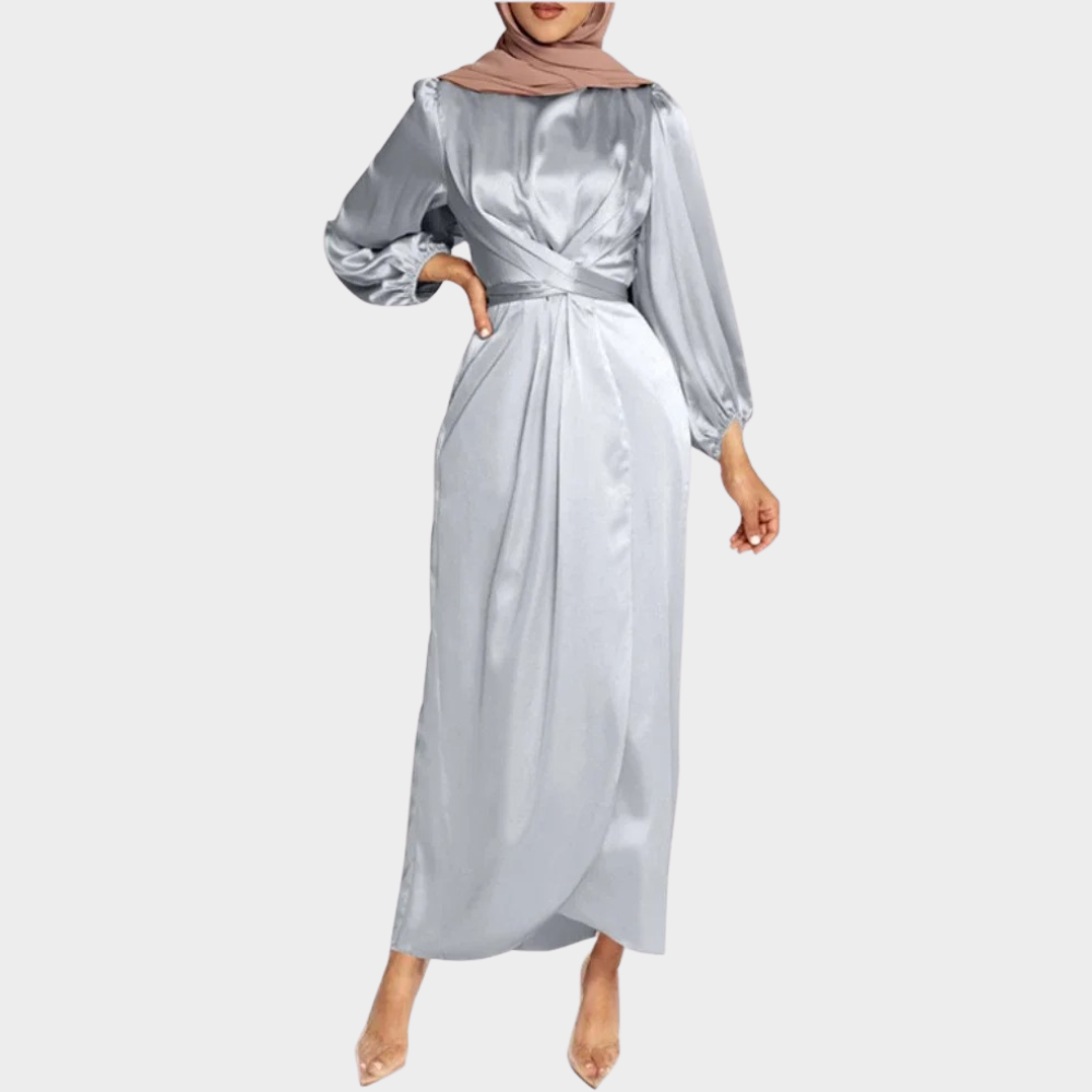 Long Sleeve Satin Maxi Dress with Boat Neck and Wrap Waist