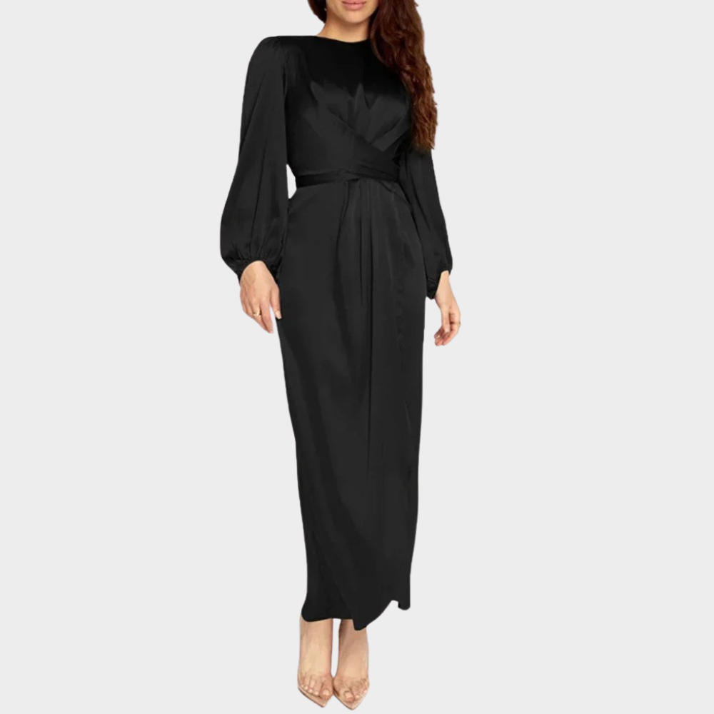 Long Sleeve Satin Maxi Dress with Boat Neck and Wrap Waist
