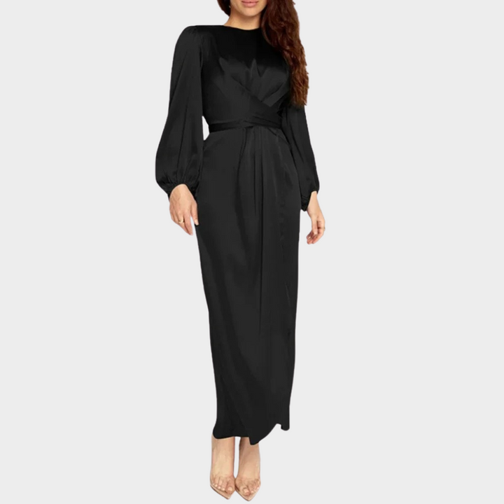Long Sleeve Satin Maxi Dress with Boat Neck and Wrap Waist