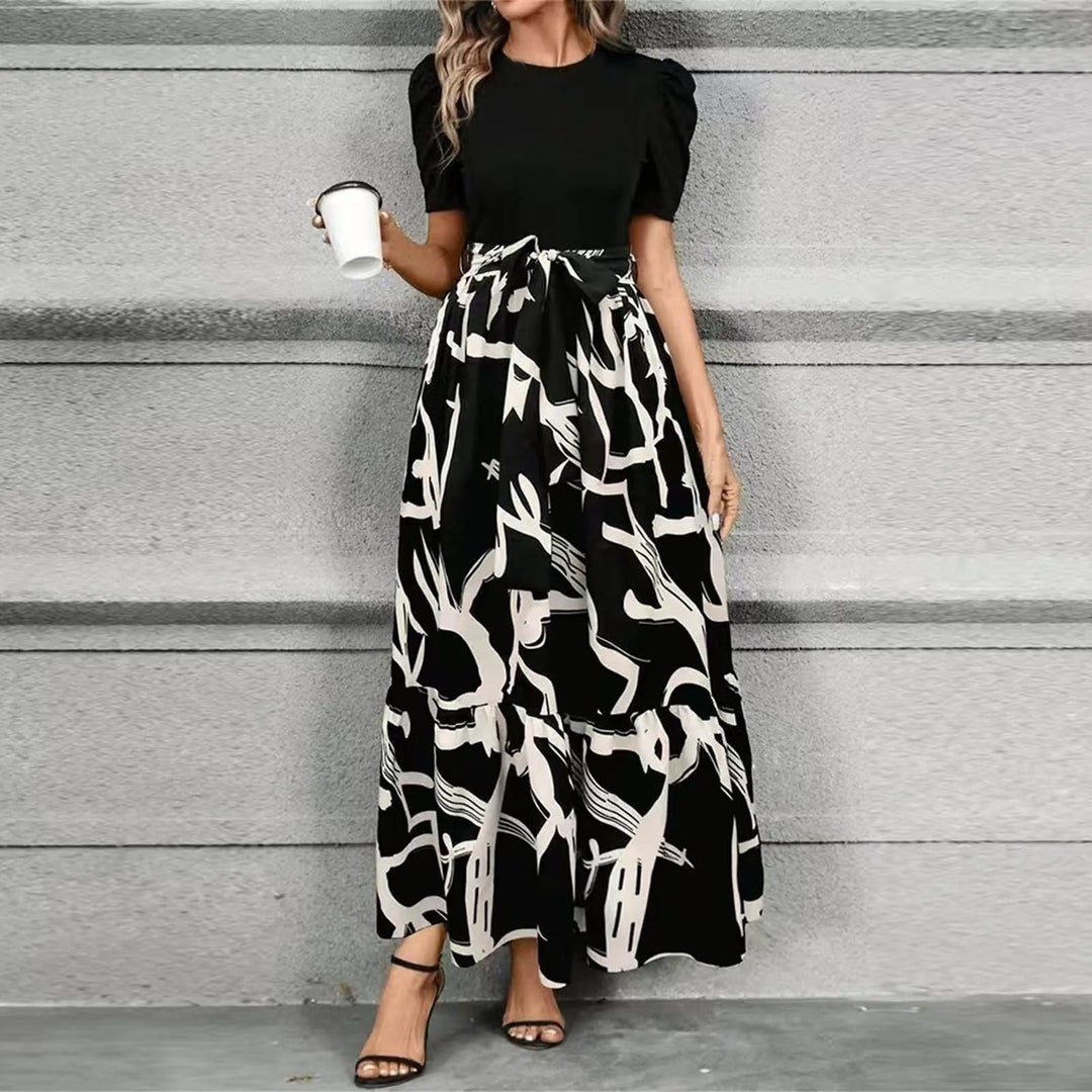 Puff Sleeve Tiered Maxi Dress with Round Neckline and Tie Waist