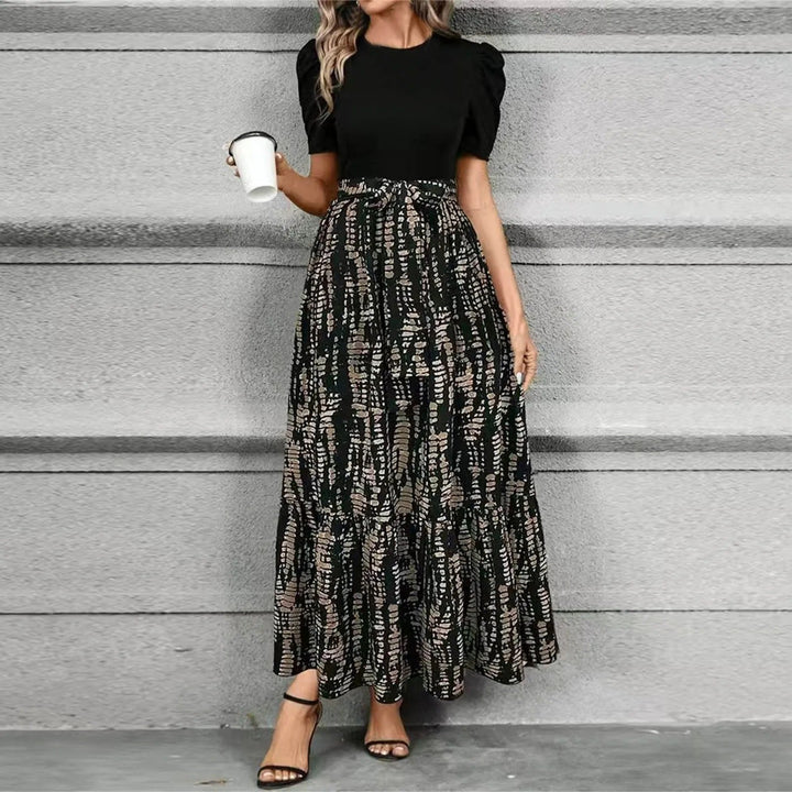 Puff Sleeve Tiered Maxi Dress with Round Neckline and Tie Waist