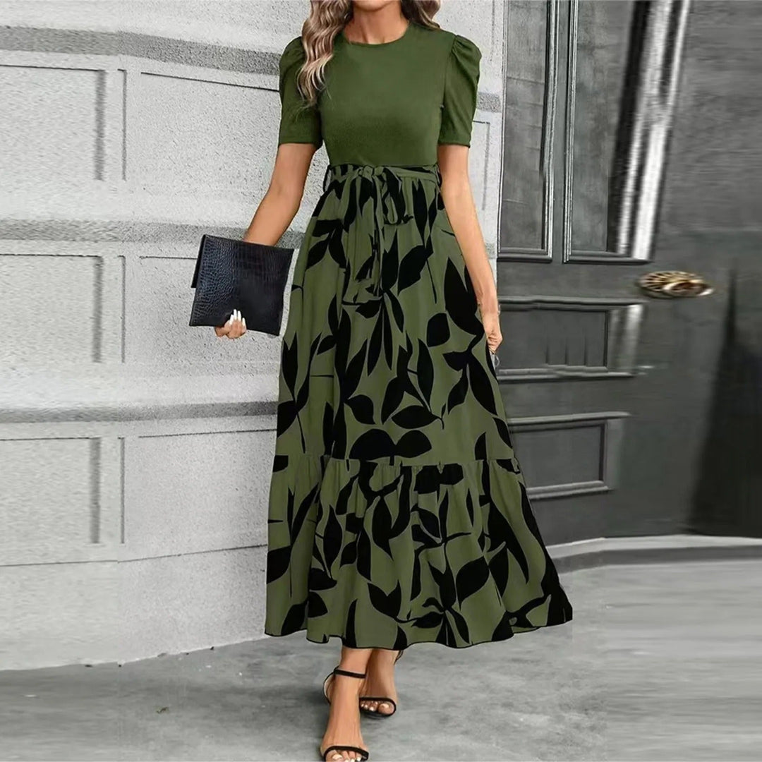 Puff Sleeve Tiered Maxi Dress with Round Neckline and Tie Waist
