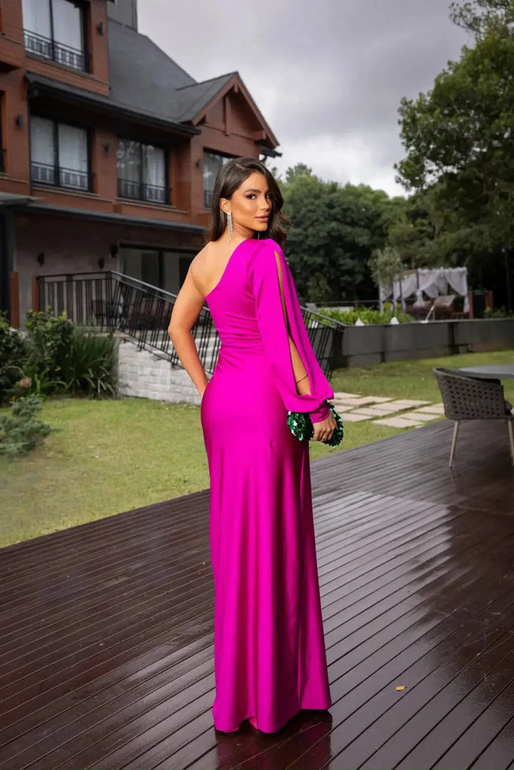 One-Shoulder Maxi Dress with Draped Sleeve and Front Slit