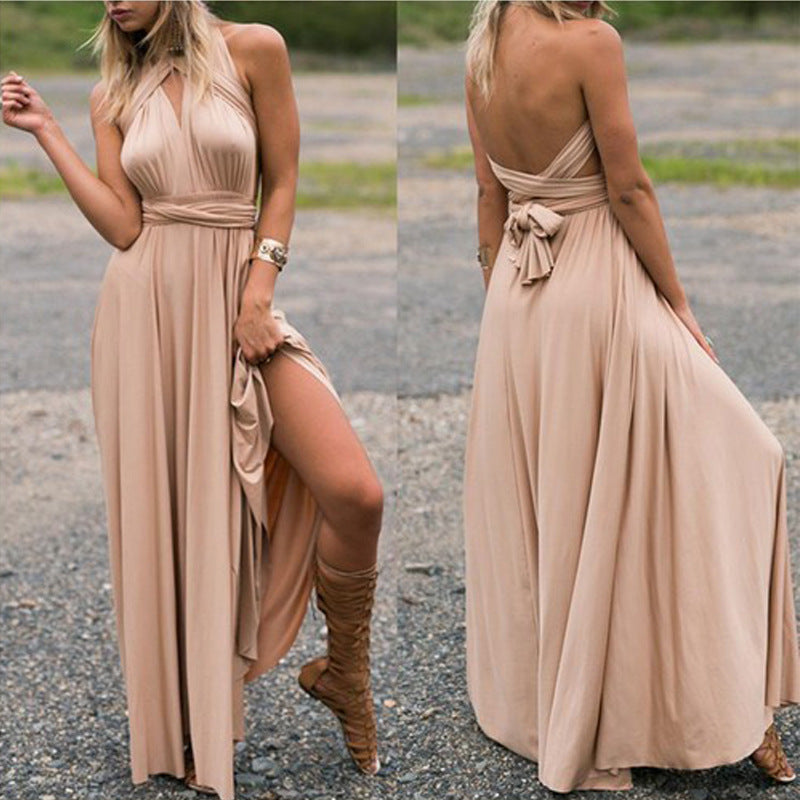 Multiway Convertible Maxi Dress with Plunging Neckline and Tie Back