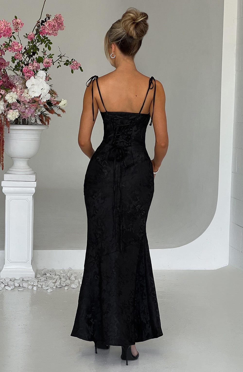 Formal Maxi Dress with Cowl Neck, Tie Straps, and Lace-Up Back Closure