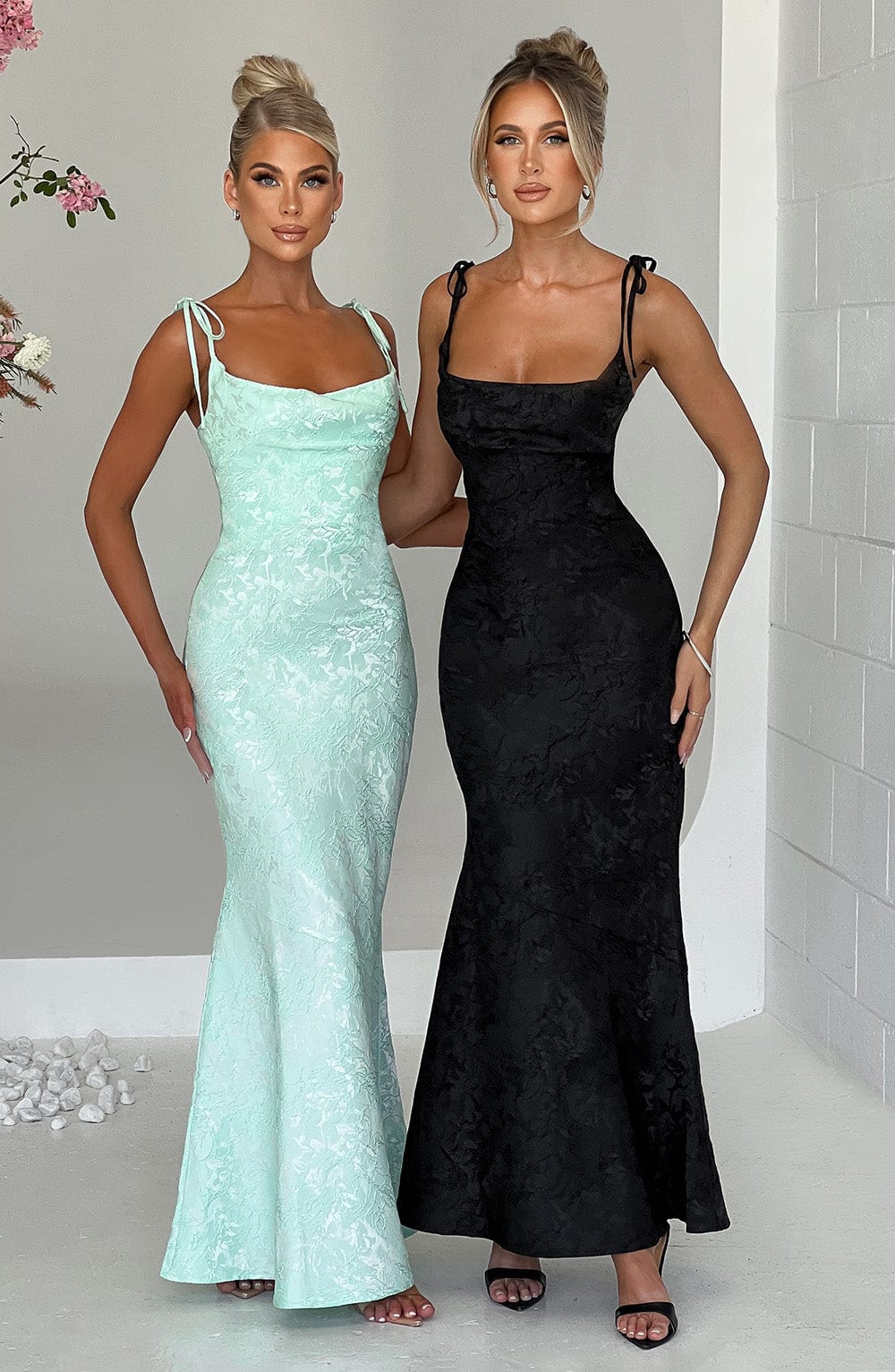 Formal Maxi Dress with Cowl Neck, Tie Straps, and Lace-Up Back Closure