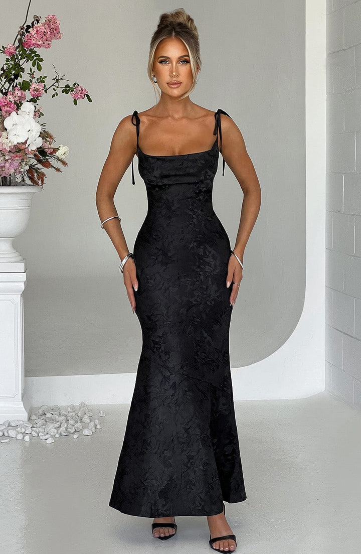 Formal Maxi Dress with Cowl Neck, Tie Straps, and Lace-Up Back Closure