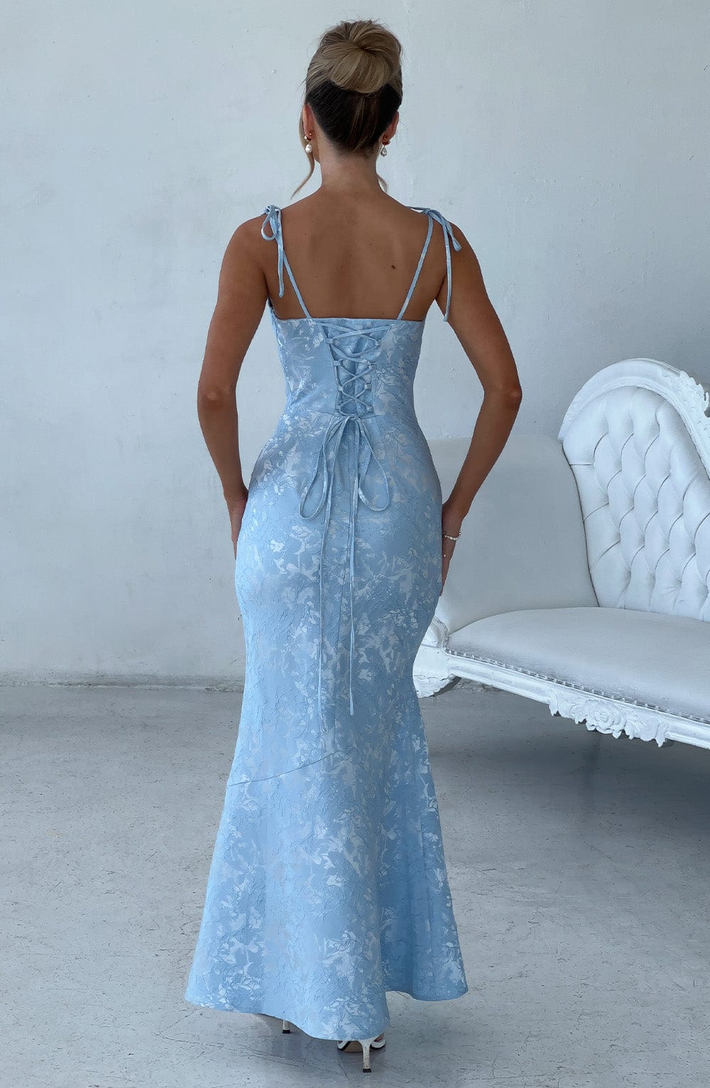 Formal Maxi Dress with Cowl Neck, Tie Straps, and Lace-Up Back Closure