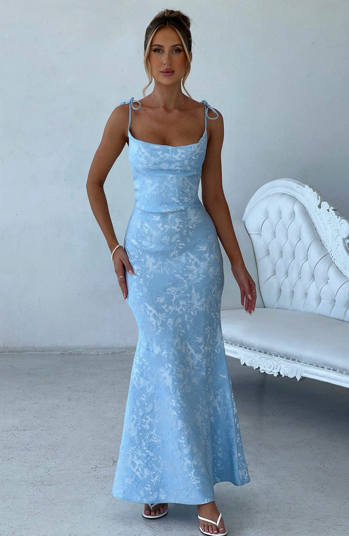 Formal Maxi Dress with Cowl Neck, Tie Straps, and Lace-Up Back Closure