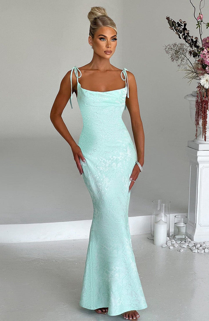 Formal Maxi Dress with Cowl Neck, Tie Straps, and Lace-Up Back Closure