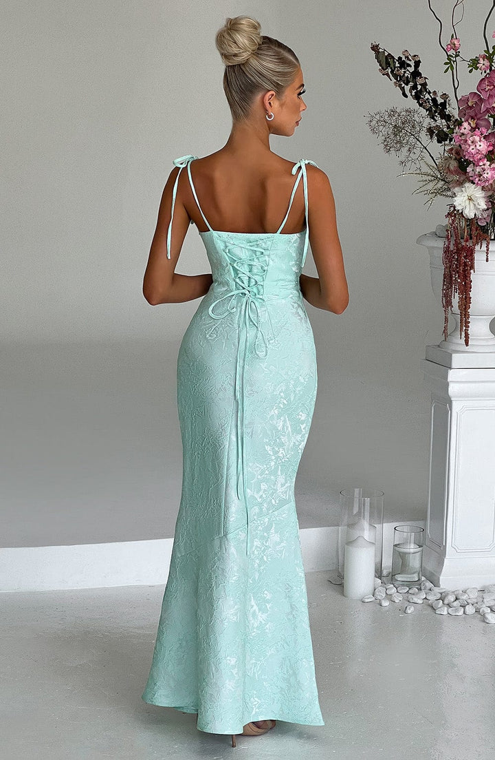 Formal Maxi Dress with Cowl Neck, Tie Straps, and Lace-Up Back Closure