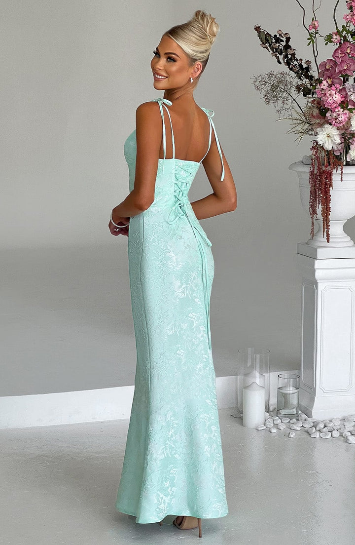 Formal Maxi Dress with Cowl Neck, Tie Straps, and Lace-Up Back Closure