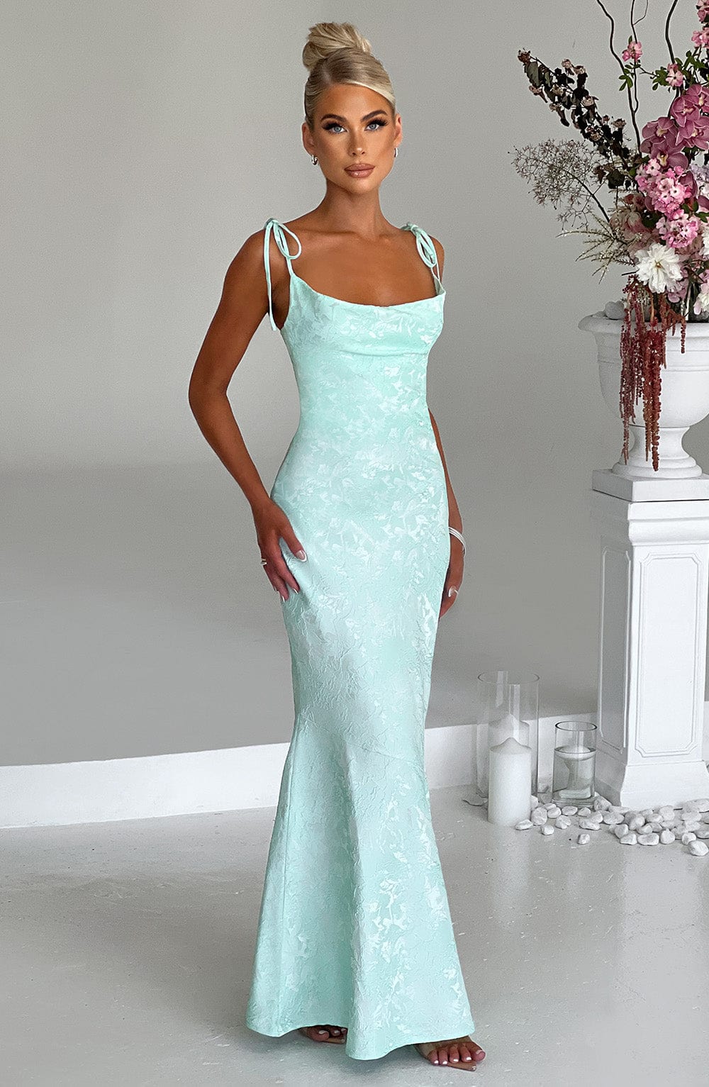 Formal Maxi Dress with Cowl Neck, Tie Straps, and Lace-Up Back Closure