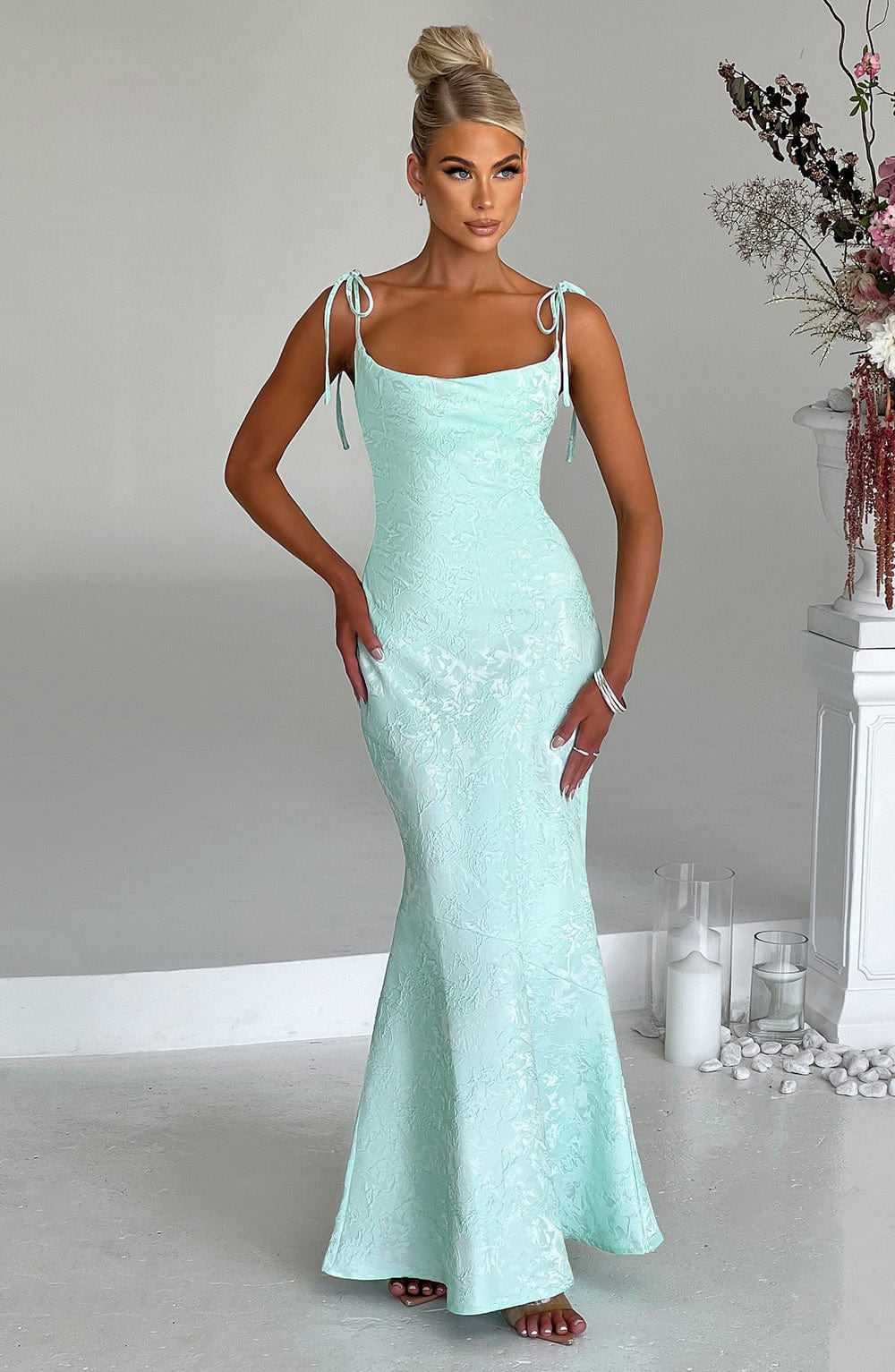Formal Maxi Dress with Cowl Neck, Tie Straps, and Lace-Up Back Closure
