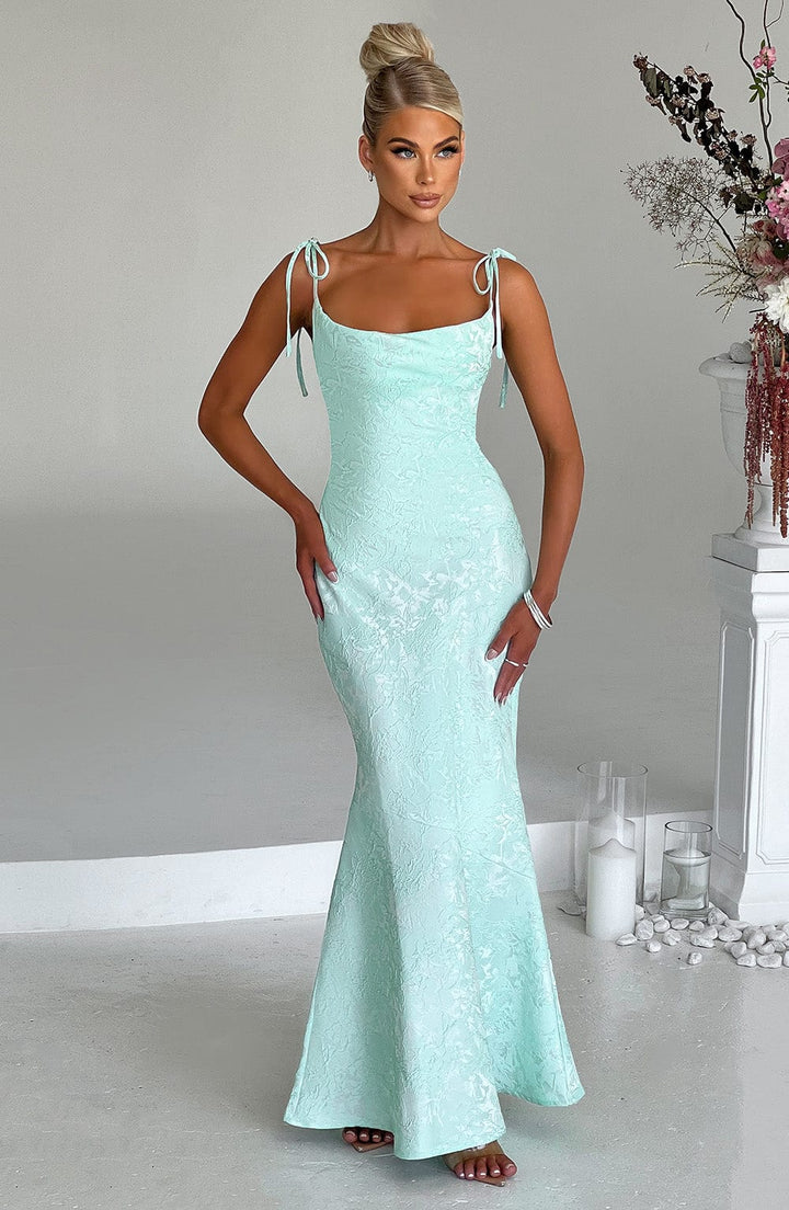 Formal Maxi Dress with Cowl Neck, Tie Straps, and Lace-Up Back Closure