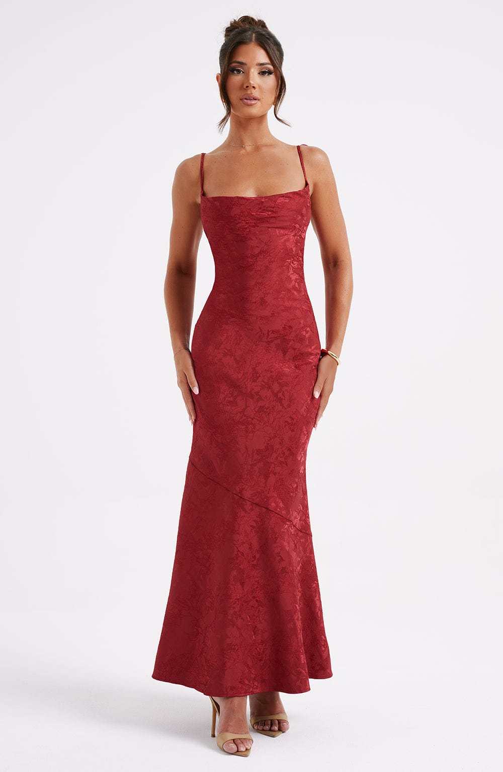 Formal Maxi Dress with Cowl Neck, Tie Straps, and Lace-Up Back Closure