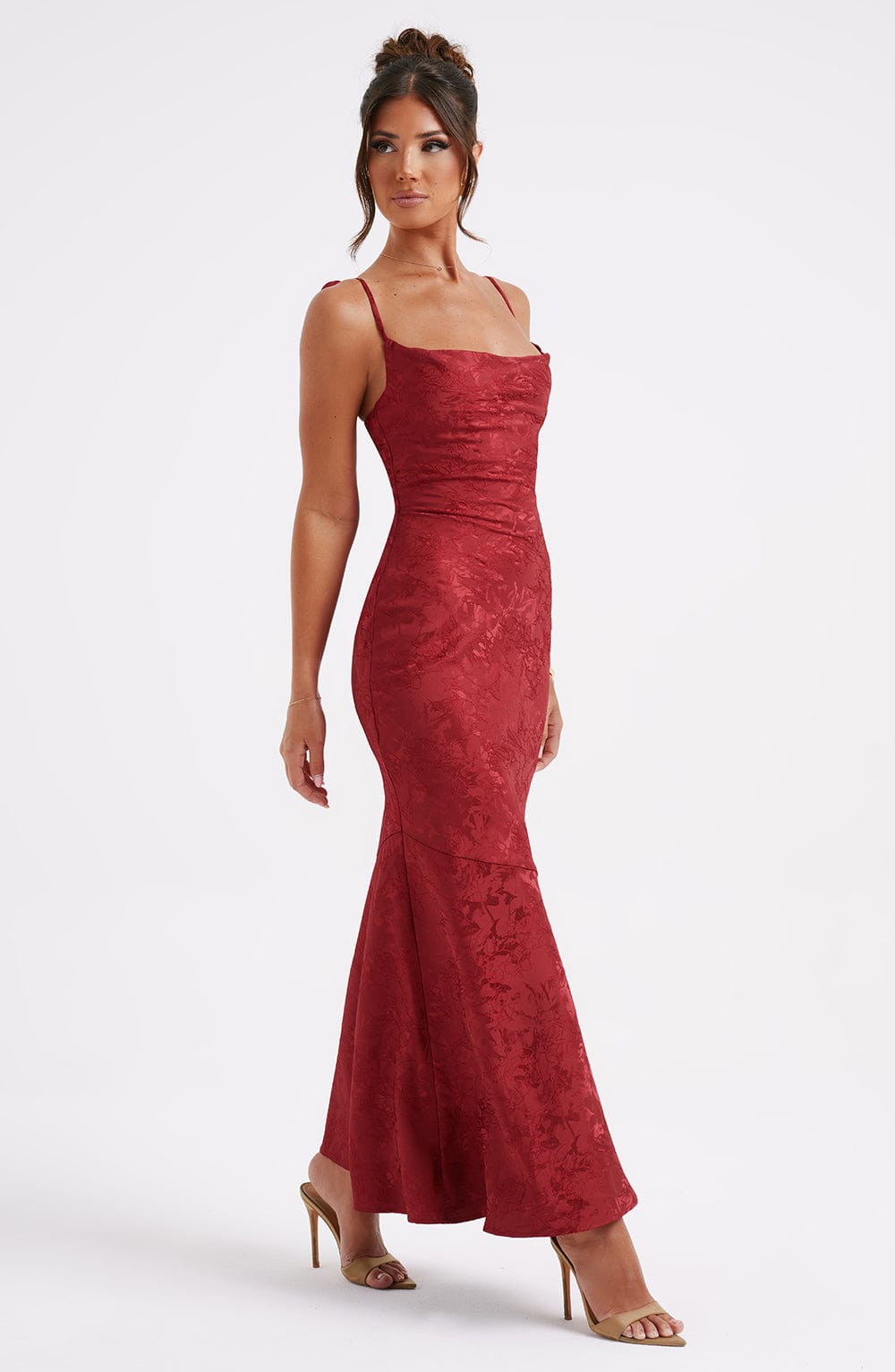 Formal Maxi Dress with Cowl Neck, Tie Straps, and Lace-Up Back Closure