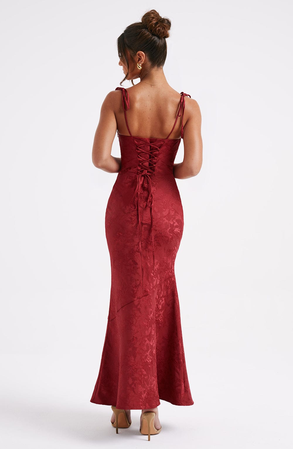 Formal Maxi Dress with Cowl Neck, Tie Straps, and Lace-Up Back Closure