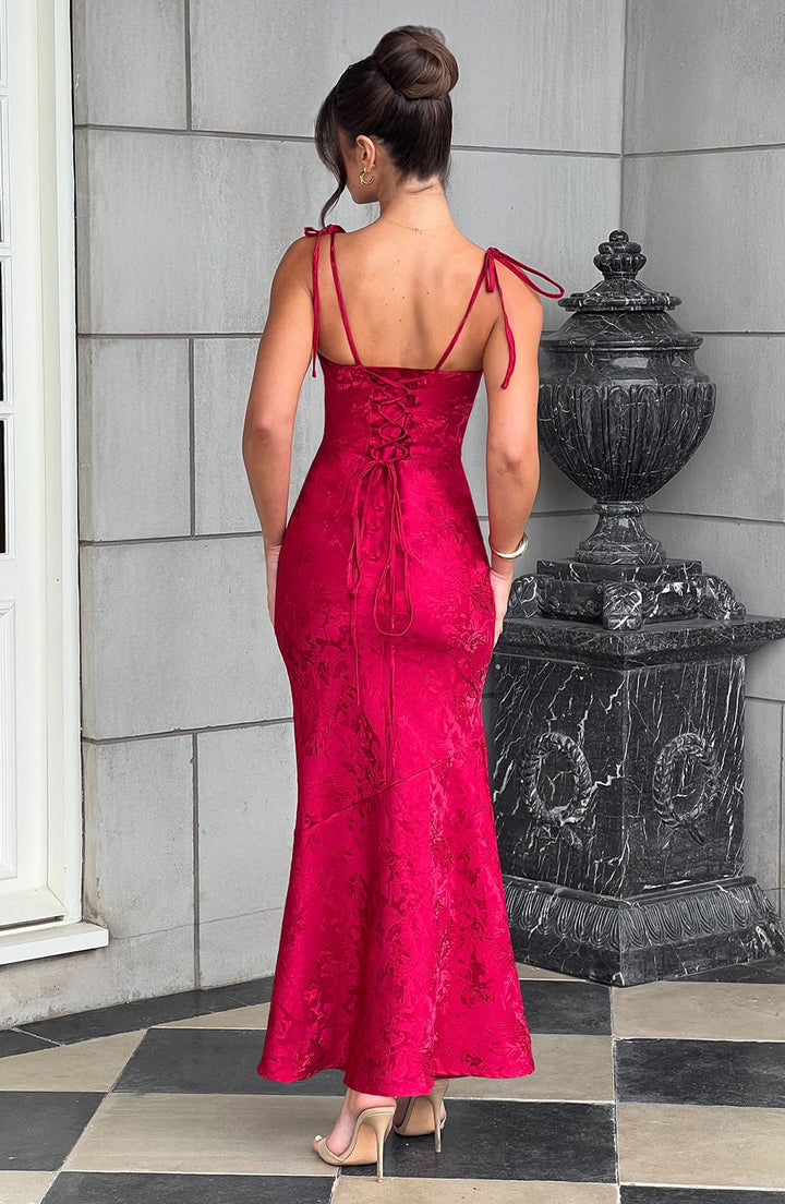 Formal Maxi Dress with Cowl Neck, Tie Straps, and Lace-Up Back Closure