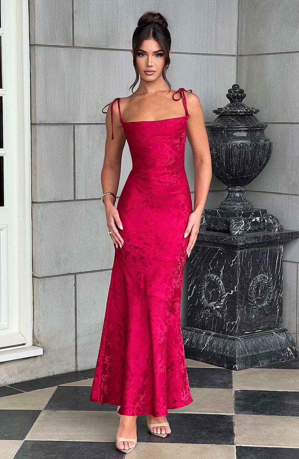Formal Maxi Dress with Cowl Neck, Tie Straps, and Lace-Up Back Closure