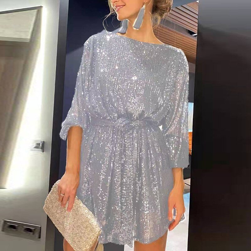 Boat Neckline Sequin Mini Dress with Three-Quarter Sleeves and Tie Waist