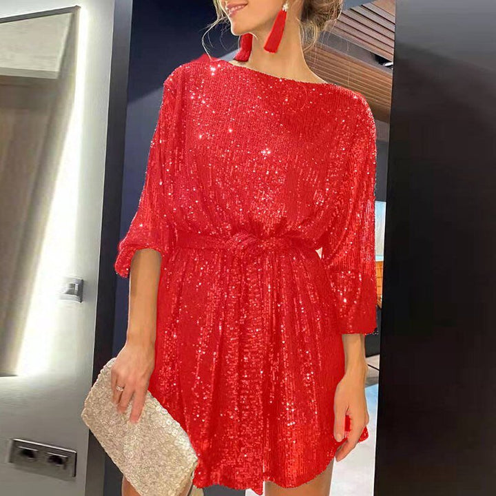 Boat Neckline Sequin Mini Dress with Three-Quarter Sleeves and Tie Waist