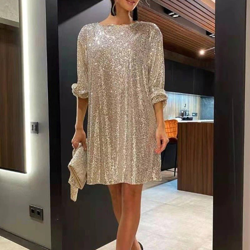 Boat Neckline Sequin Mini Dress with Three-Quarter Sleeves and Tie Waist