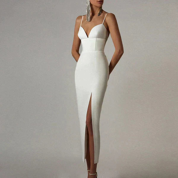V-Neck Bodycon Dress with Spaghetti Straps and Thigh Split
