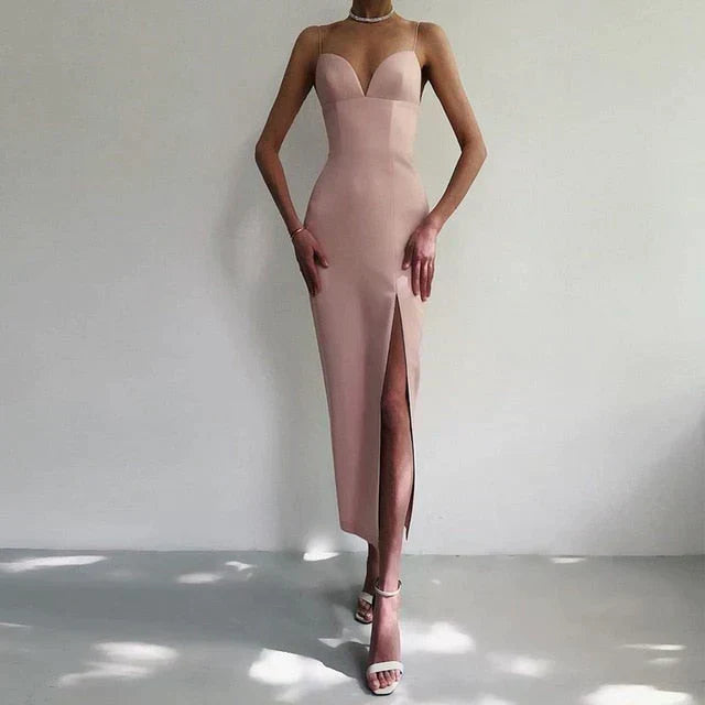 V-Neck Bodycon Dress with Spaghetti Straps and Thigh Split