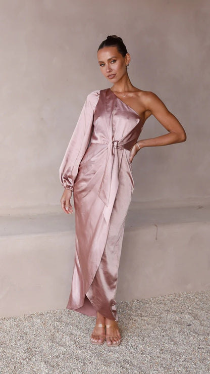 One-Shoulder Satin Maxi Dress with Tie Waist