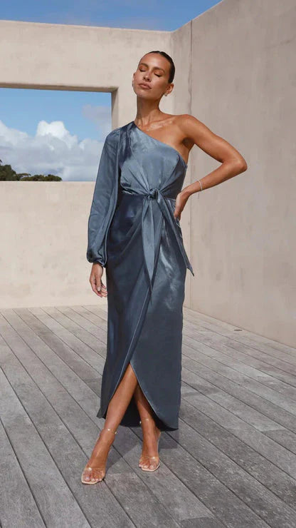 One-Shoulder Satin Maxi Dress with Tie Waist