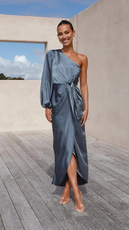 One-Shoulder Satin Maxi Dress with Tie Waist