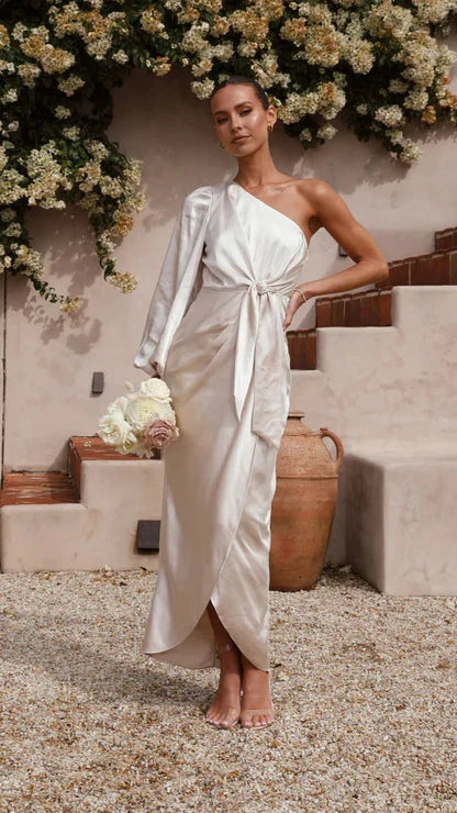 One-Shoulder Satin Maxi Dress with Tie Waist
