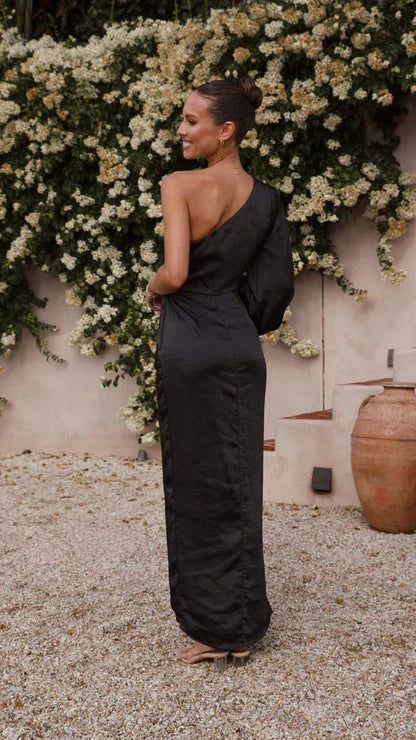 One-Shoulder Satin Maxi Dress with Tie Waist