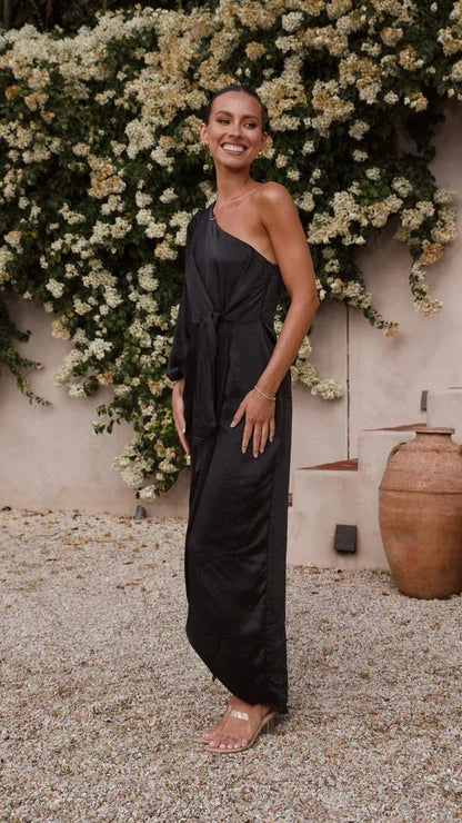 One-Shoulder Satin Maxi Dress with Tie Waist