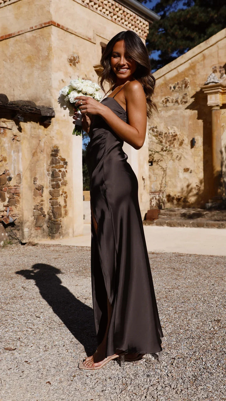 Square-Neck Maxi Dress with Spaghetti Straps and Side Slit